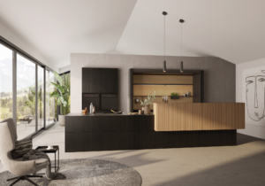 strakke keuken, houtlook keuken, keuken zwart met hout