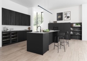 zwarte keuken, moderne keuken, woonkeuken, strakke zwarte keuken, kookeiland
